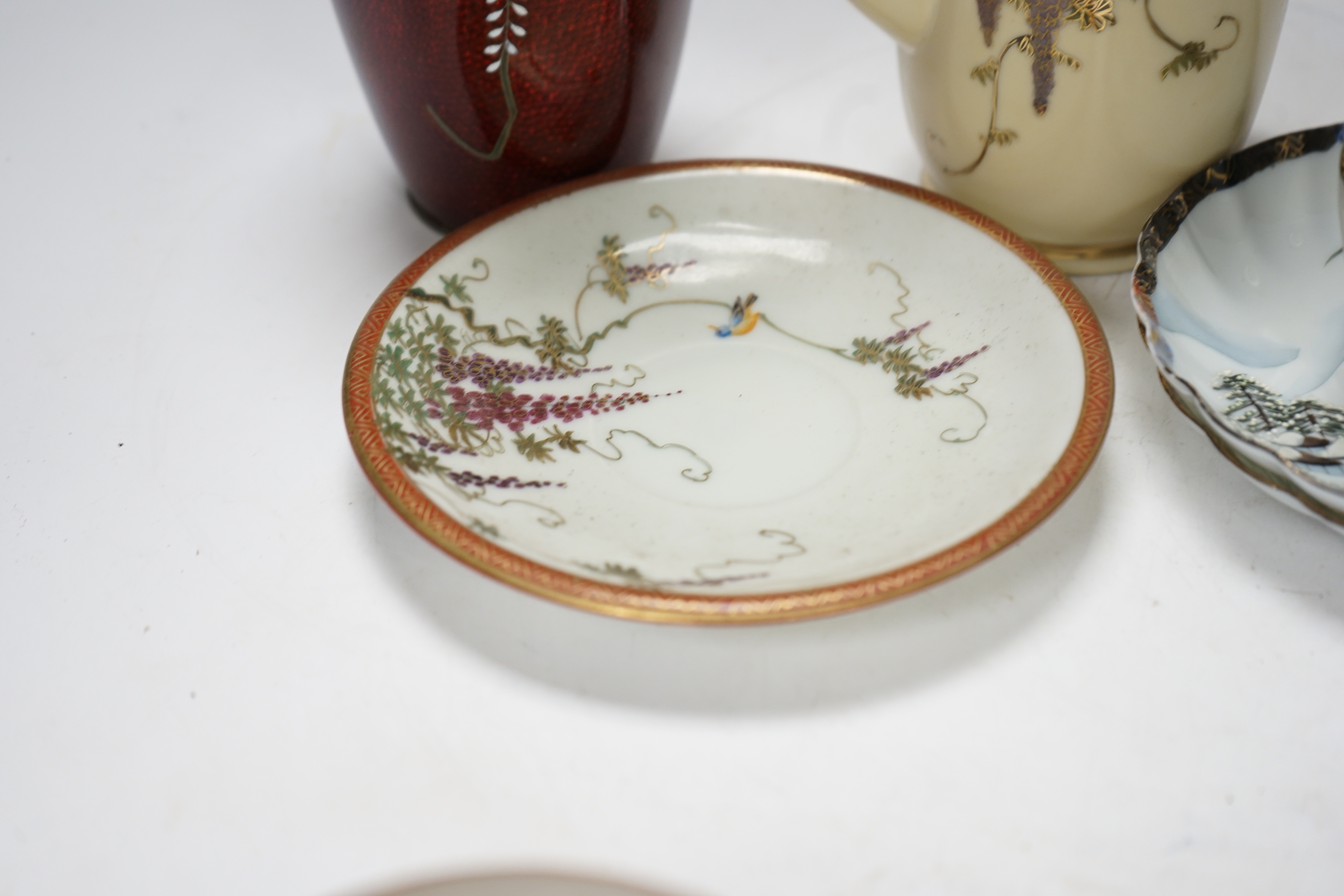 A Japanese cloisonné enamel vase, a pair of enamelled buttons and assorted Japanese ceramics including satsuma and kutani